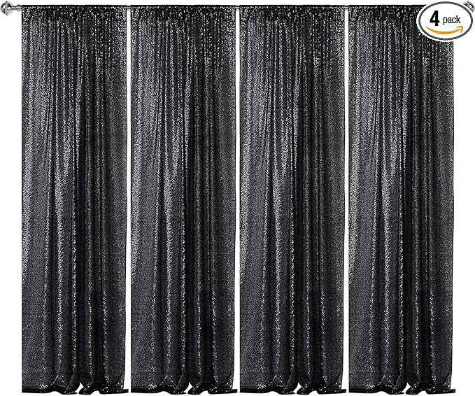 Sugargirl Halloween Black Sequin Backdrop Curtain 4 Panels 2FTx8FT Glitter Bl...