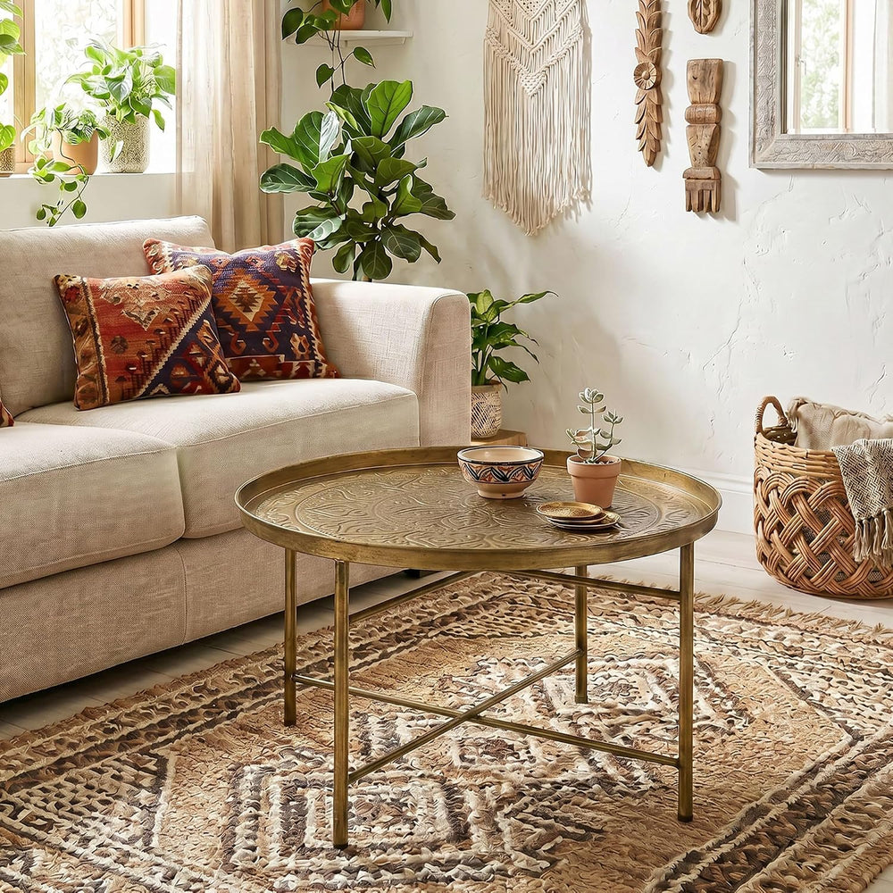 HOMCOM 24" Hammered Round Coffee Table Vintage Metal Side Table Gold