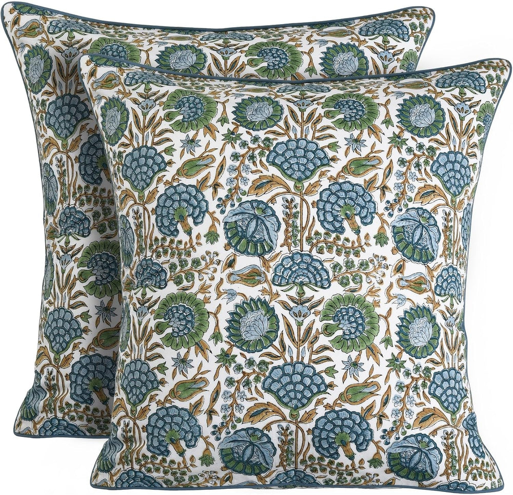 Ridhi Block Print Asparagus Green Pillow Cover 18" x 18" (Pack of 2...