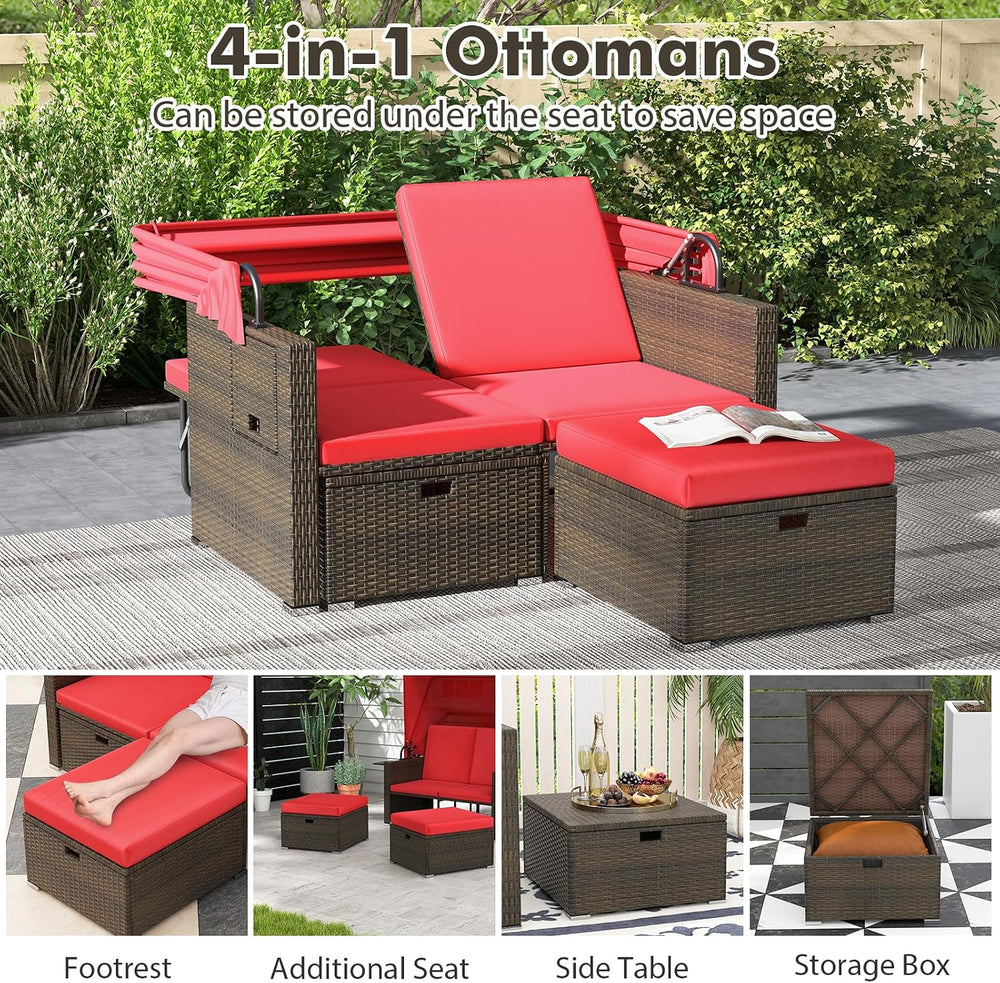 Moccha Outdoor Daybed with Retractable Canopy - Rattan Loveseat Sofa Set w/ A...