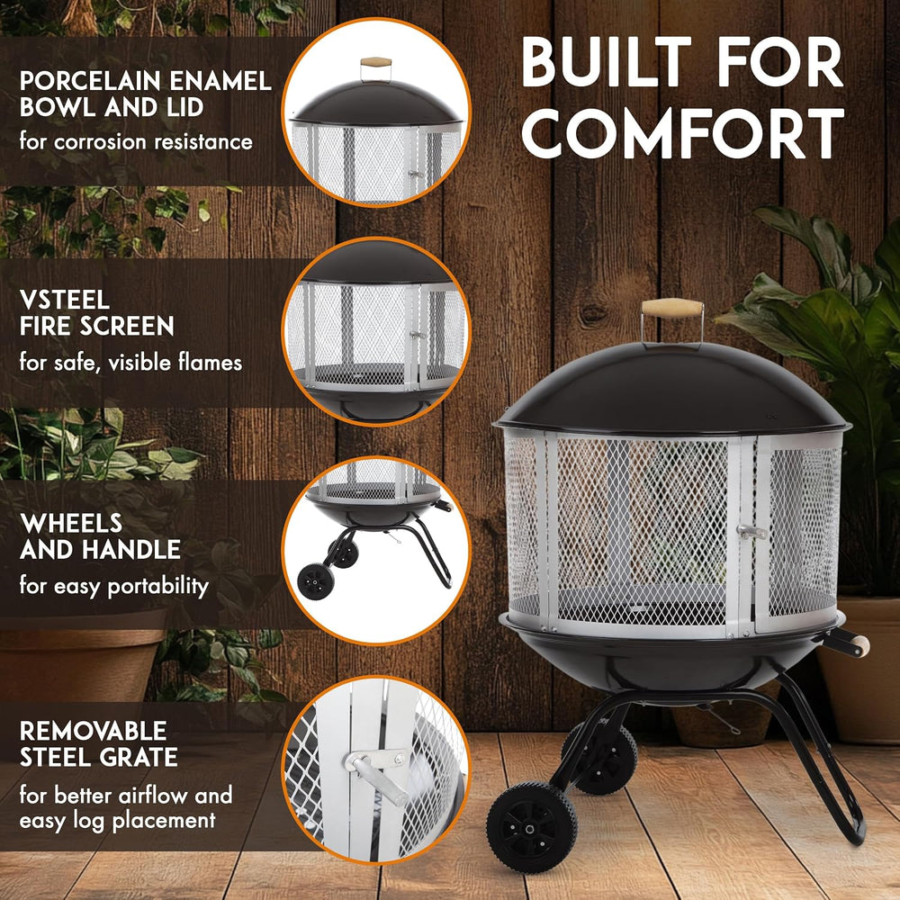 Fire Sense 01471 Fire Pit Bessemer Rolling Patio Fireplace Wooden Bonfire Por...