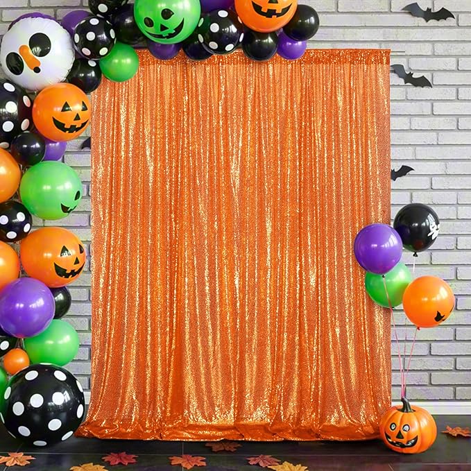 Eternal Beauty Orange Sequin Backdrop, 8x10 Ft Halloween Glitter Background C...