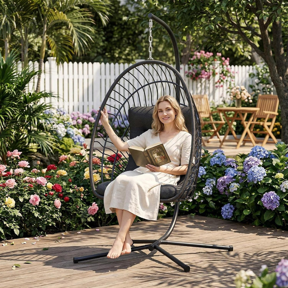Kingdura Hanging Egg Chair with Stand Indoor Outdoor, Foldable Rattan Wicker ...
