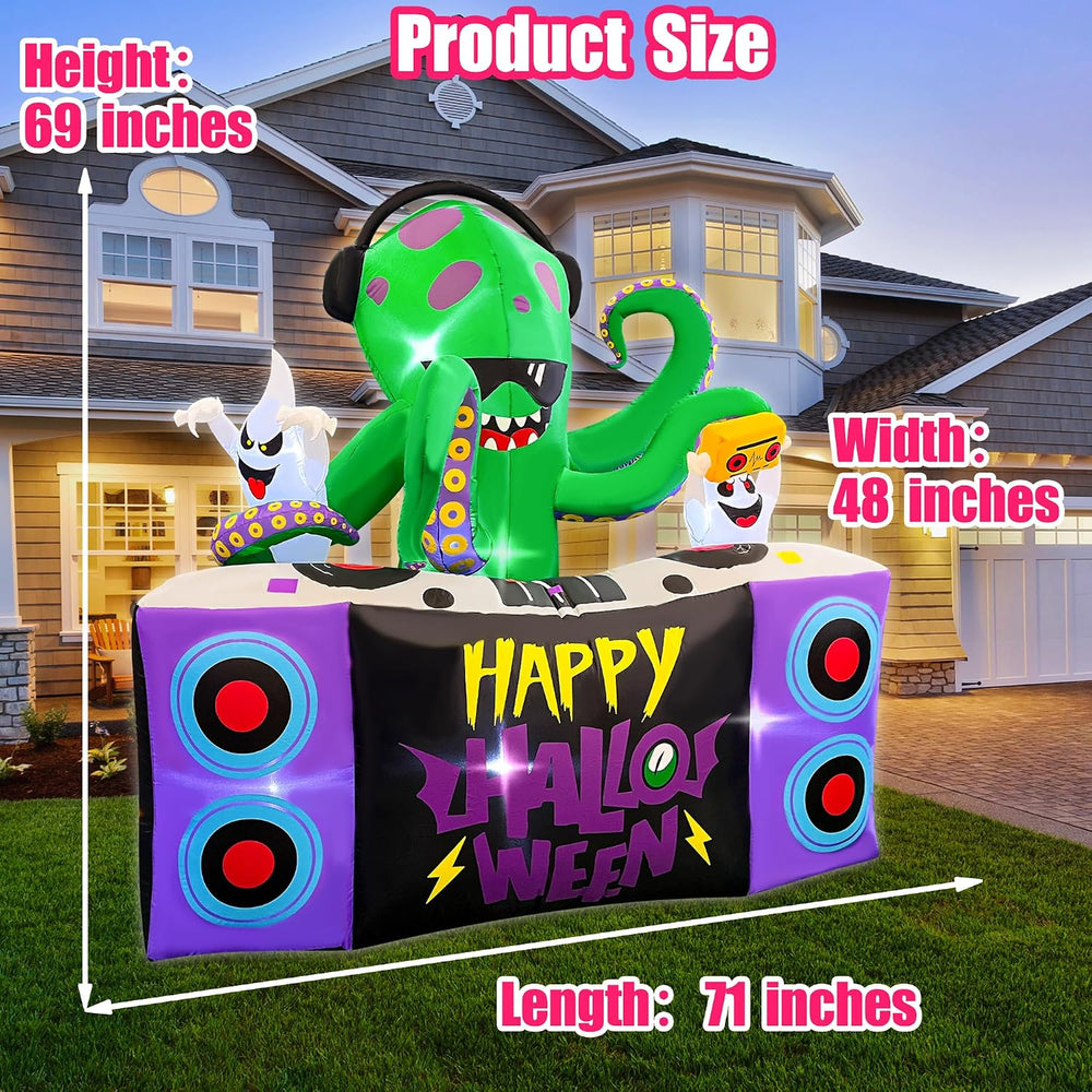 BLOWOUT FUN 6FT Halloween Inflatables DJ Octopus Playing Music on Turntable