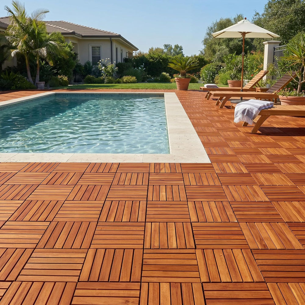 Acacia Wood Interlocking Deck Tiles, Waterproof Patio Tiles, 9 PCS- Natural