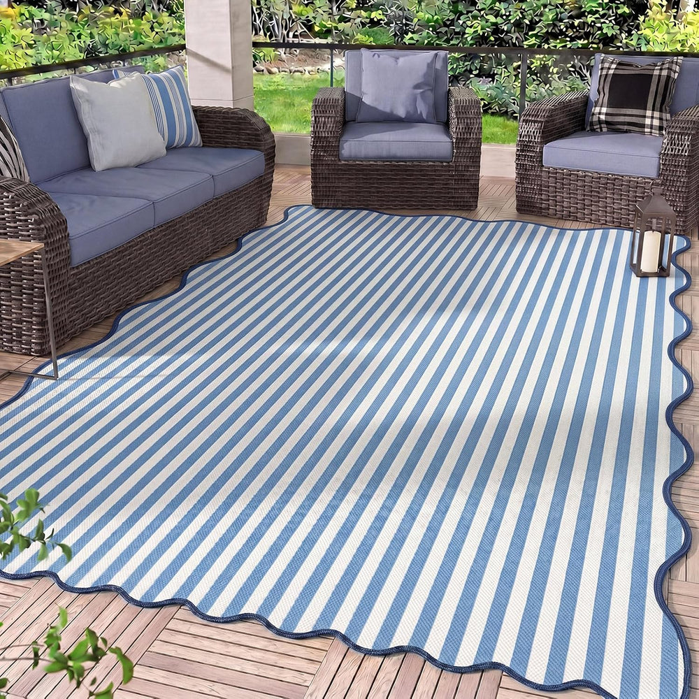 Blue Scalloped Outdoor Plastic Straw Rugs 5x8 ft Reversible Camping Rug Water...