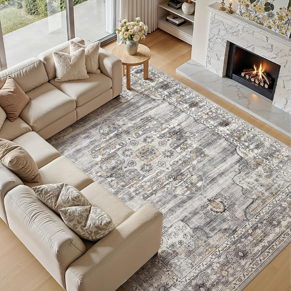 Vintage Washable 7x9 Area Rug, Non-Slip Indoor Carpet, Grey