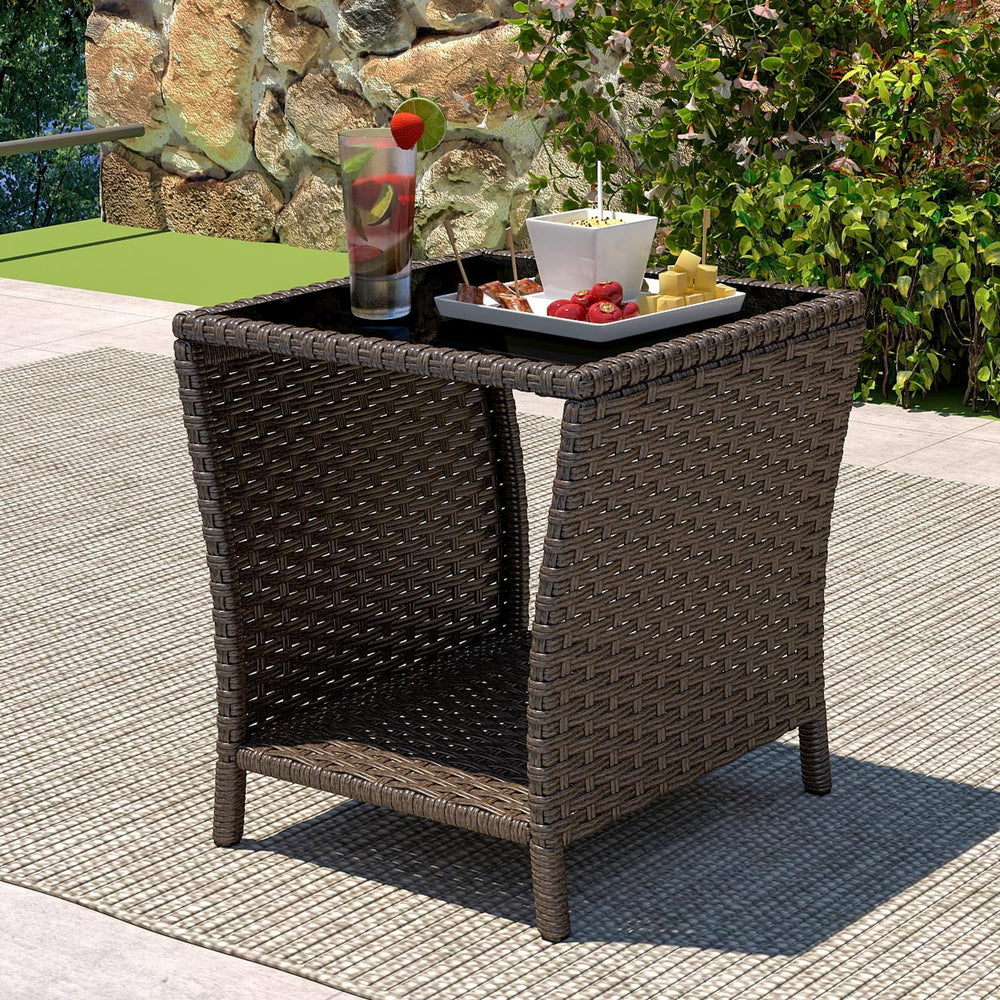 kinbor Outdoor Wicker Side Table, Tempered Glass Top & Storage Shelf, Brown