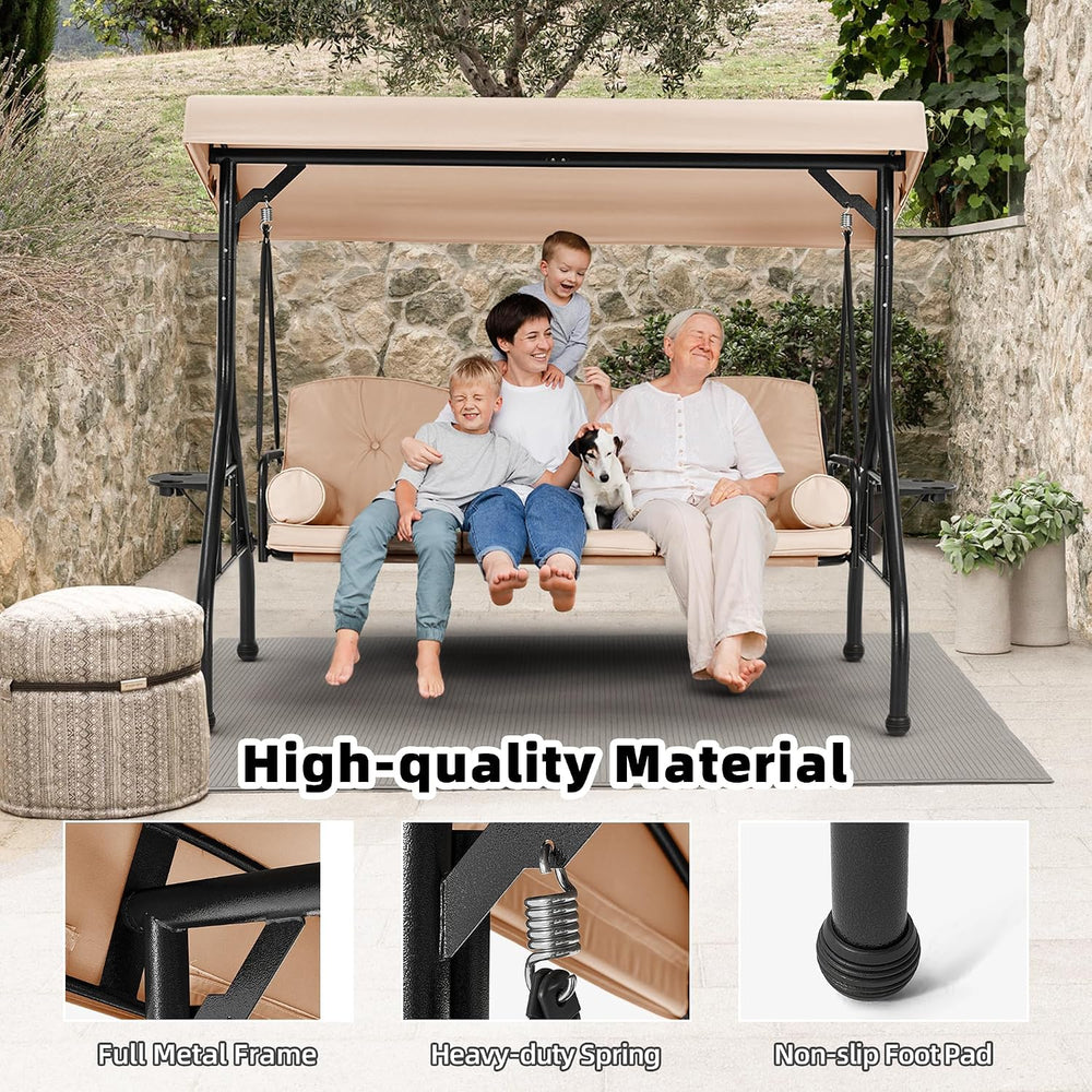 HOMREST 3 Seat Porch Swing with Adjustable Canopy, Patio Swing with Stand