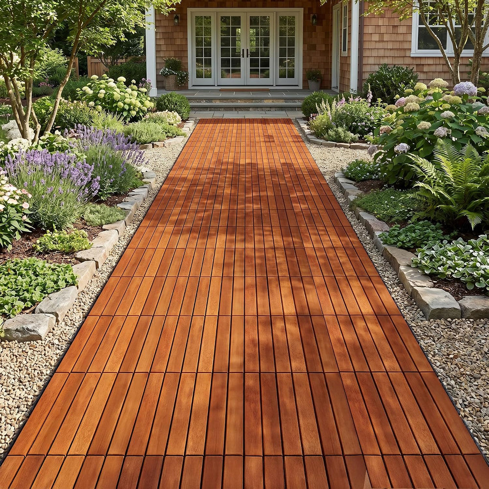 Acacia Wood Interlocking Deck Tiles, Waterproof Patio Tiles, 9 PCS- Natural
