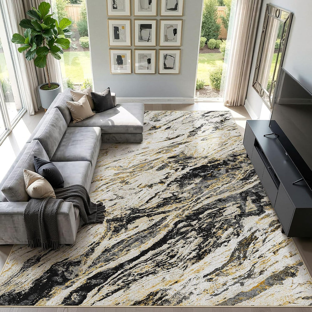 Area Rugs for Living Room: 9X12 Abstract Washable Rug Modern Neutral Large So...