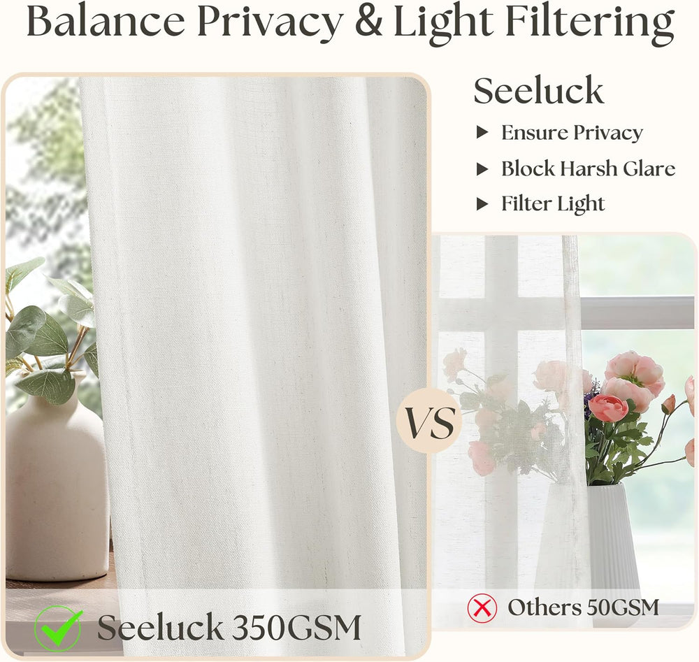 Natural Beige Semi Sheer Pinch Pleated Linen 70 Inch Extra Wide Curtains