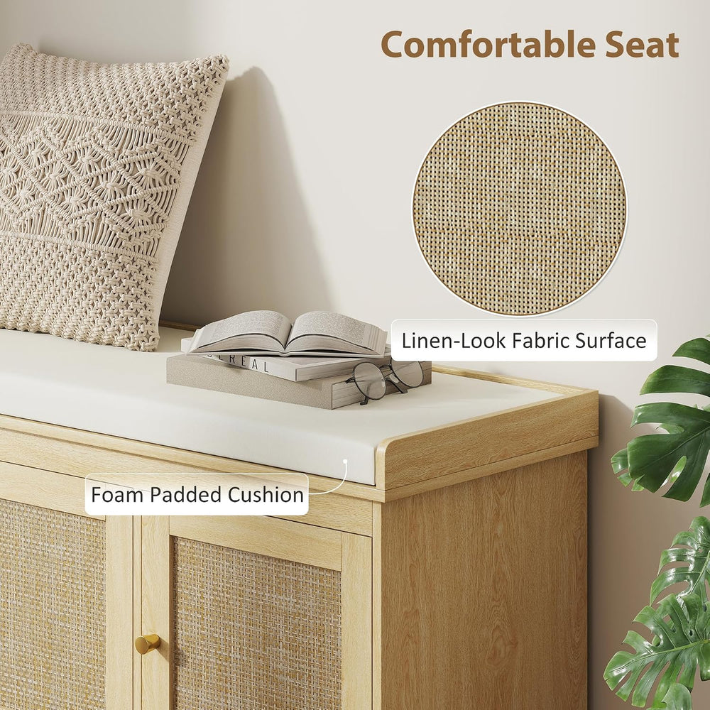 HOMCOM Shoe Bench Storage Rattan Doors 13.8 x 41.3 x 18.5 Inches Oak Tone