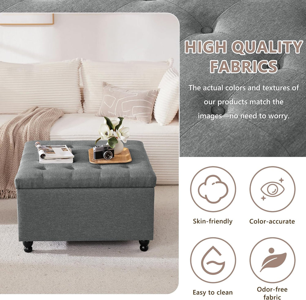 30" Large Square Ottoman with Storage, Fabric Ottoman Coffee Table, Grey