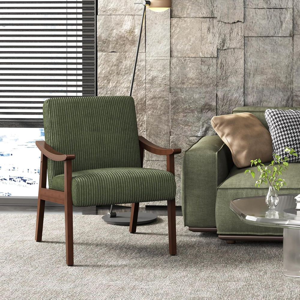 Yaheetech Accent Chairs, Mid-Century Corduroy Fabric Armchairs, Dark Green