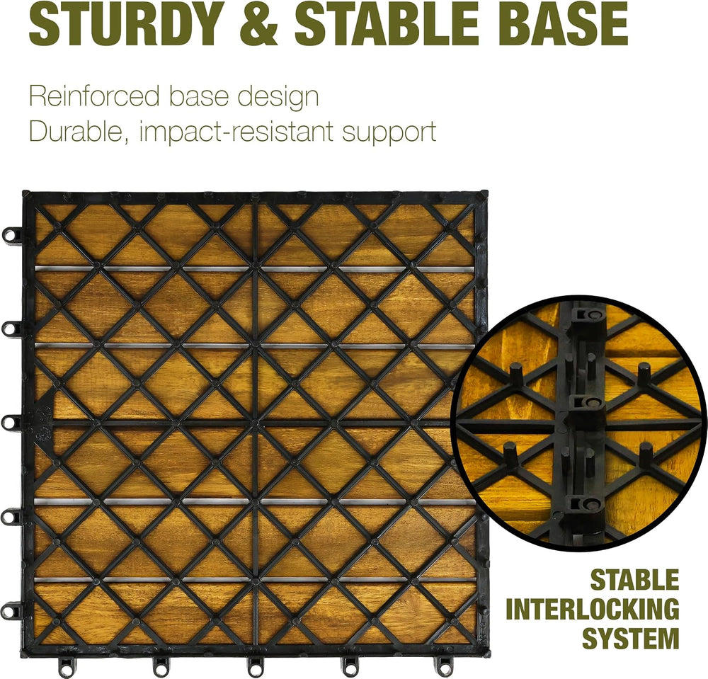 Acacia Wood Interlocking Deck Tiles, Patio & Backyard Tile, 12 in, 9 PCS