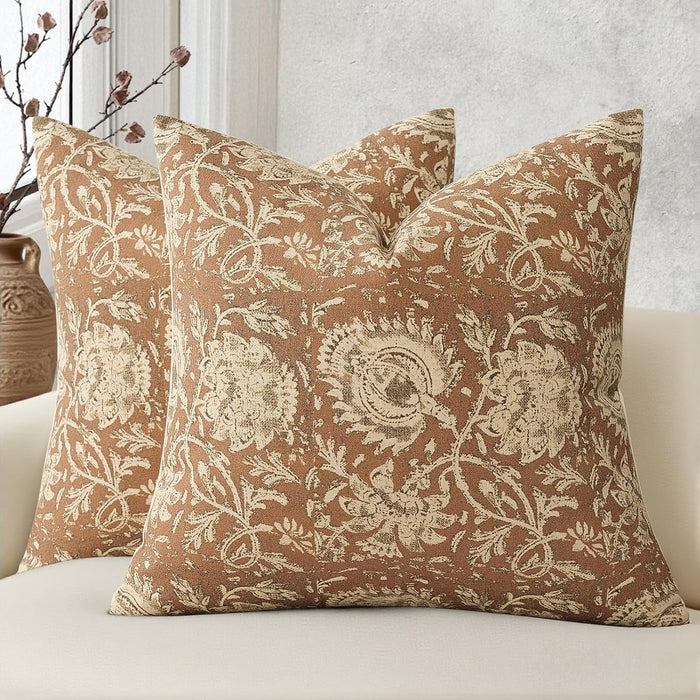 Vintage Floral Print Throw Pillow Covers 26x26 Set of 2 Neutral Modern Farmhouse Accent Decorative Cushion Covers Boho Home Decor for Couch Sofa Chair Bed Living Room, Cognac
