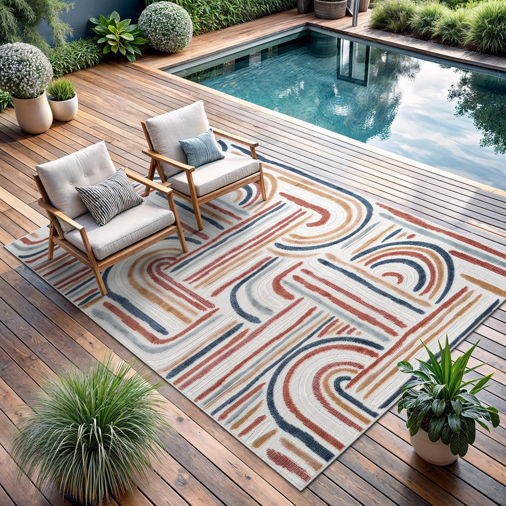 CAMILSON Indoor Outdoor Rug, Multicolor 10x14 Geometric Arch Striped Large Ar...