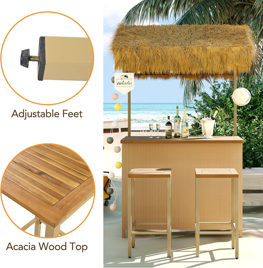 Outdoor Tiki Bar Set - 3 Piece Phuket Patio Wicker Islander Tiki Bar and 2 St...