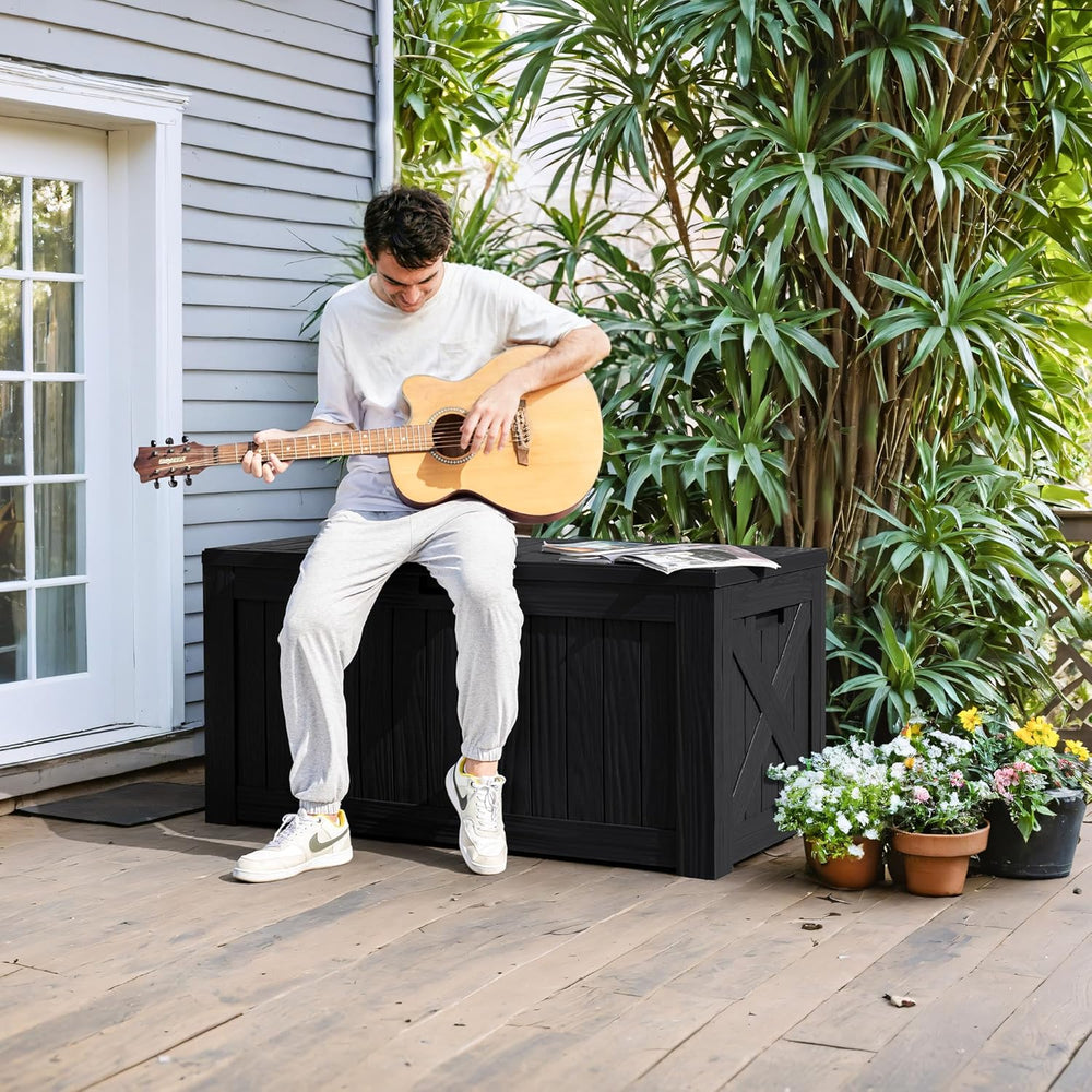 Greesum 120 Gallon Deck Box, Resin Outdoor Storage Container, Black