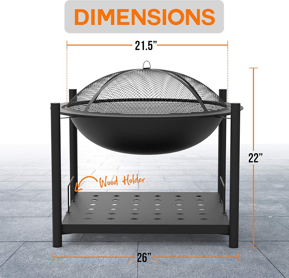 SereneLife Outdoor Wood Fire Pit - 26" Steel BBQ Grill with Mesh Spark S...