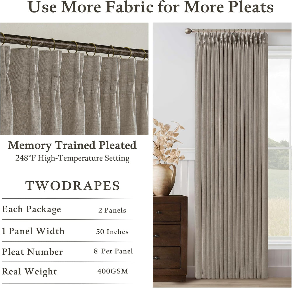 Taupe Pleated Linen Light Filtering Curtains 102 Inches Long 50 Inch Wide