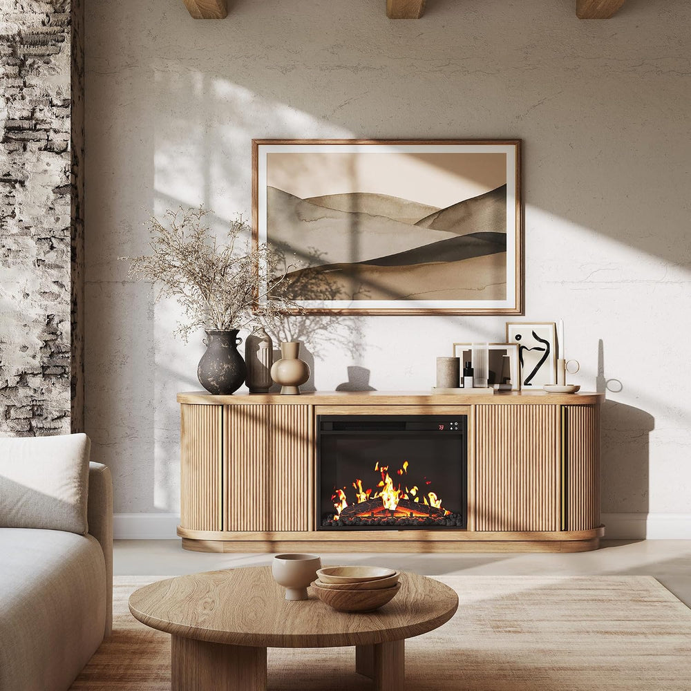 BELLEZE Turin 67" TV Stand with 23" Electric Fireplace Heater - Camel