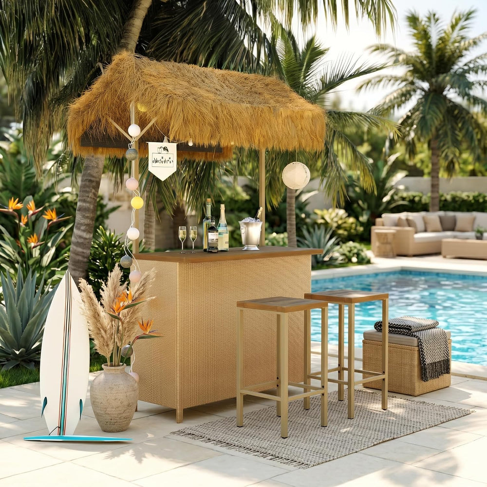 LUMISOL 3pcs Outdoor Bar Set, Hawaiian Style Bar Height Patio Set with PE Gra...