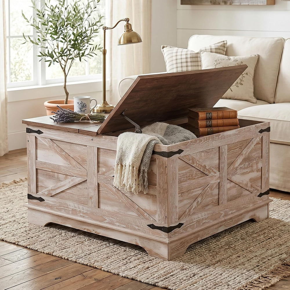 senlin Farmhouse Coffee Table, Heavy-Duty Coffee Table with Storage, Square W...