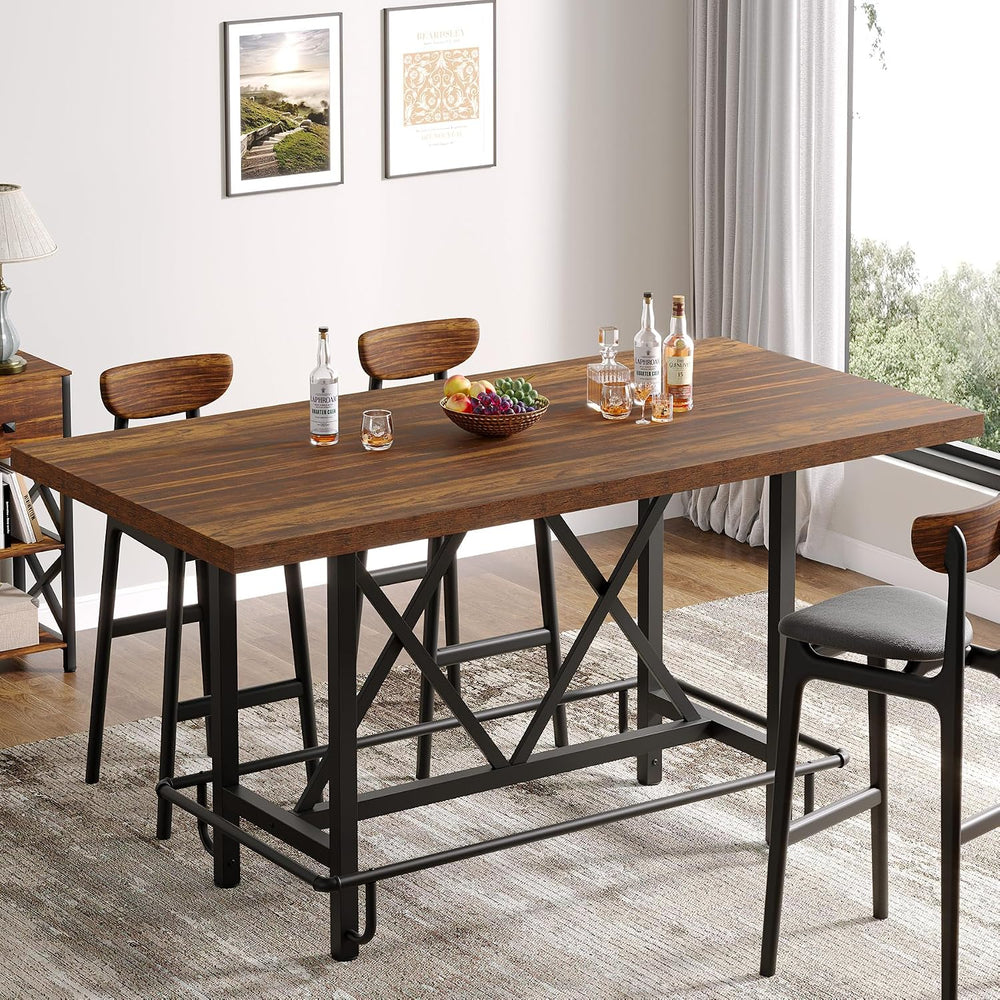 Tribesigns 63-Inch Counter Height Bar Table with Metal Footrest (Brown)