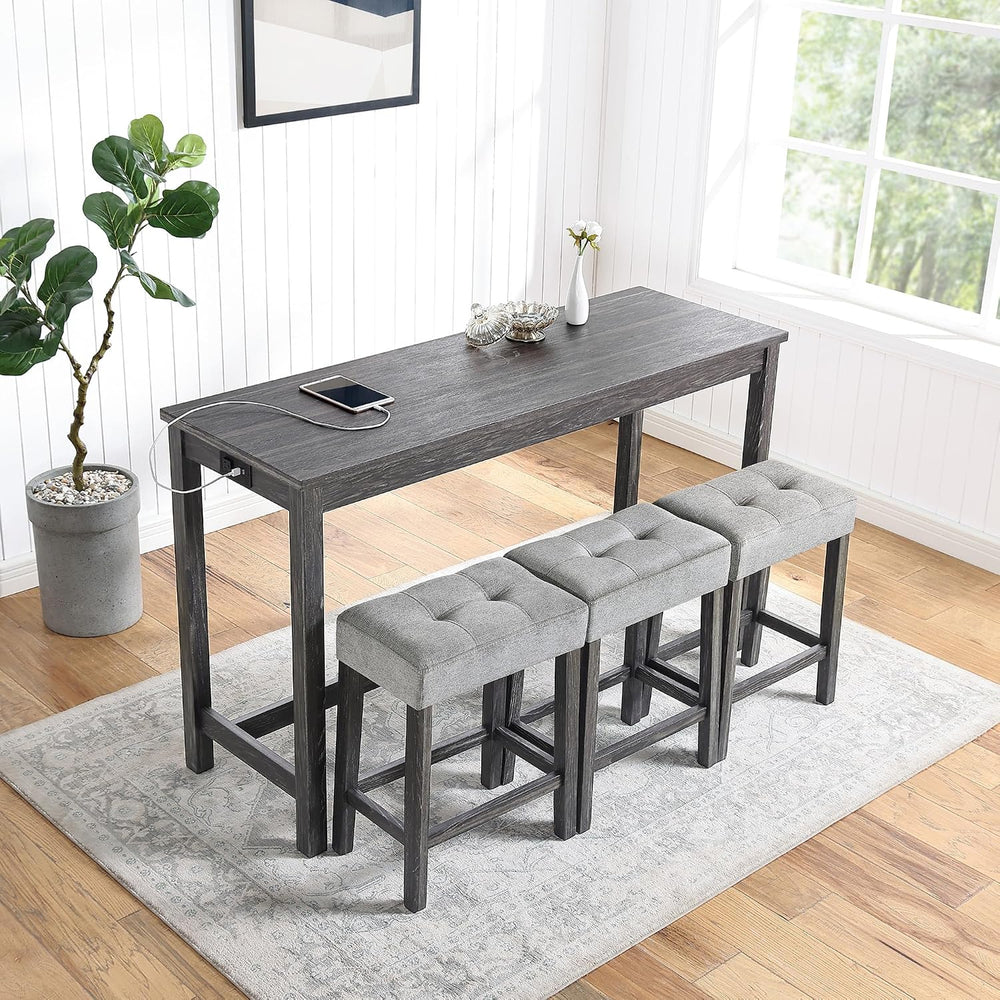 Merax Industrial Bar Table Set with Power Outlet, 4-Piece Counter Height Dini...