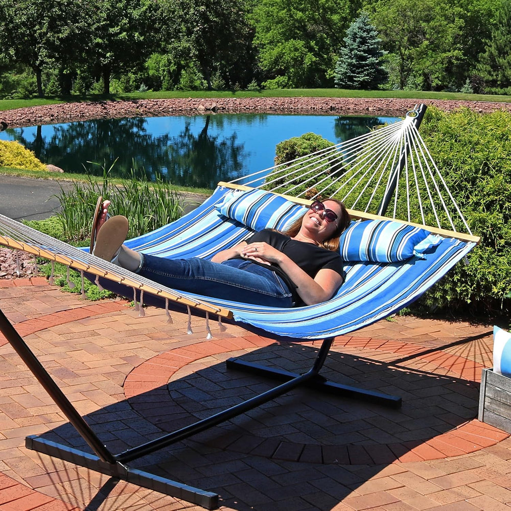 Sunnydaze Quilted Double Hammock for Outside with Pillow, Misty Beach