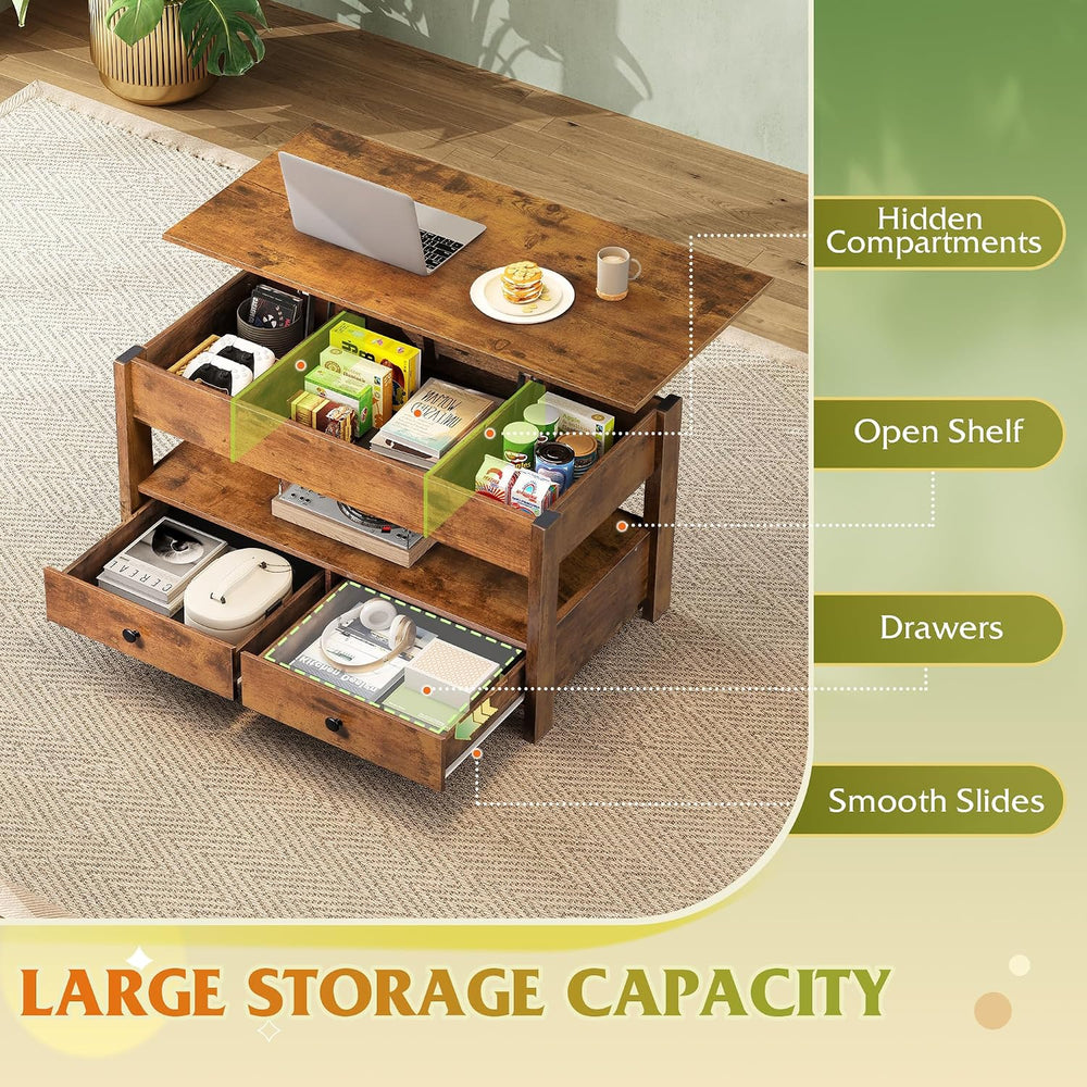 WLIVE Lift Top Coffee Table with 2 Drawers Brown