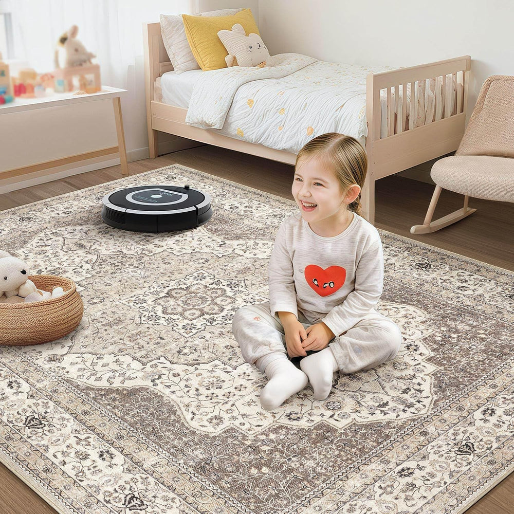 Vintage 10x14 Washable Area Rugs for Living Room, Non Slip, Brown