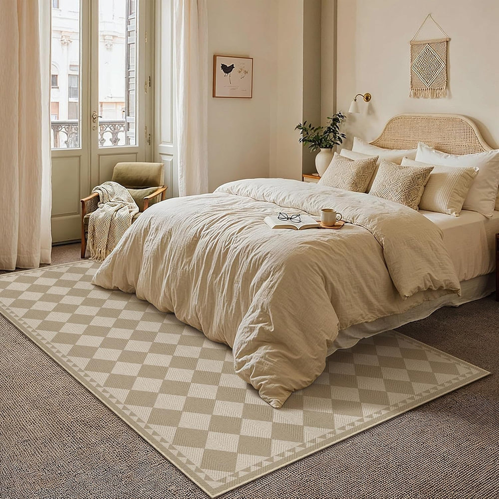HUGEAR 5x8 Beige Brown Checkered Linen Look Indoor Outdoor Rug for Patio