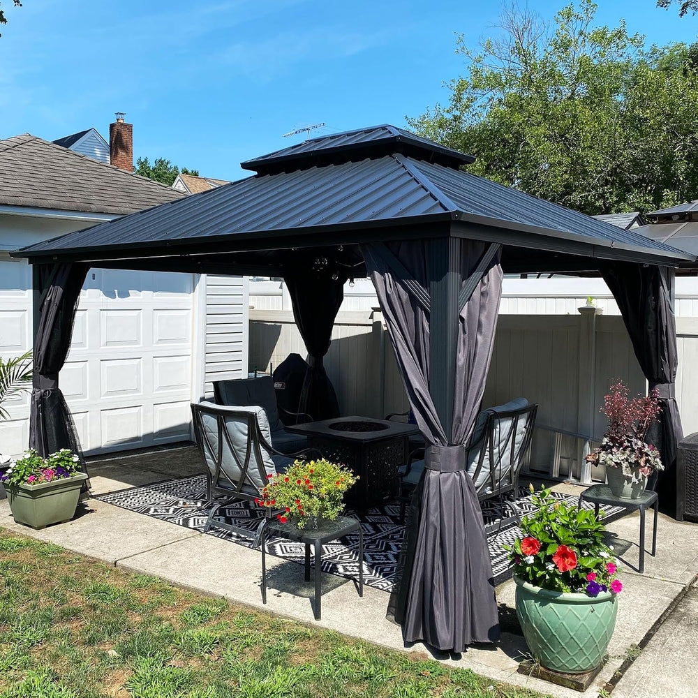 PURPLE LEAF Patio Aluminum Hardtop Gazebo 12' x 14' Privacy Curtain, ...