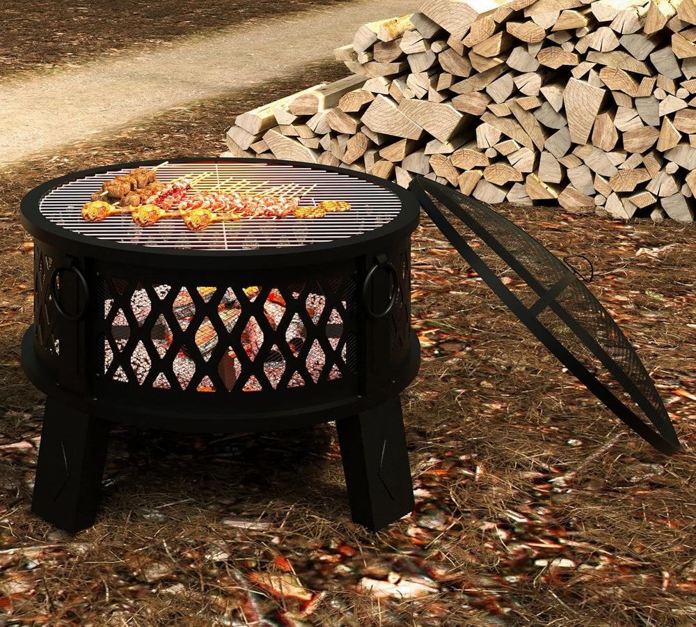 Fire Beauty 26" 2-in-1 Fire Pit with BBQ Grill, Spark Screen & Poker...