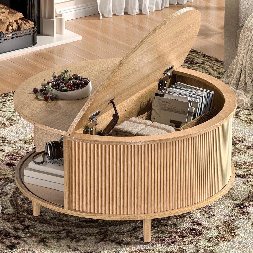 Round Coffee Table, 31.5" Fluted Center Table with Storage, Lift-Top Cof...