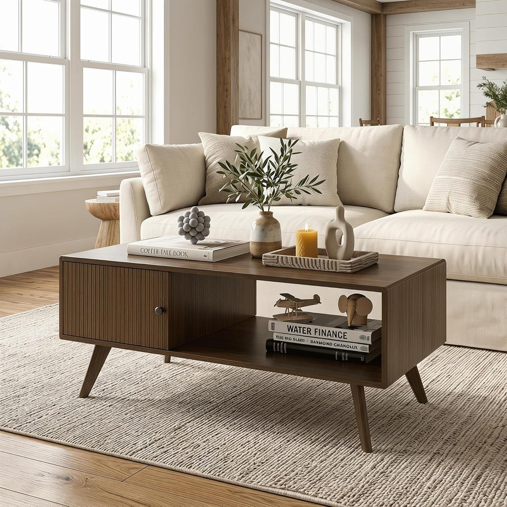 Manora Mid Century Modern Coffee Table with Storage Cabinet and Open Shelf, W...