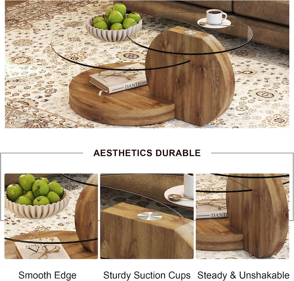 35.4" Glass Coffee Table, Small Round Coffee Table, 2-Tier Tempered Glas...