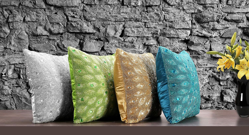 Lightnpro Gold Hand-Beaded Pillow Cover - 12x12 Inch, Handmade by Skilled Art...