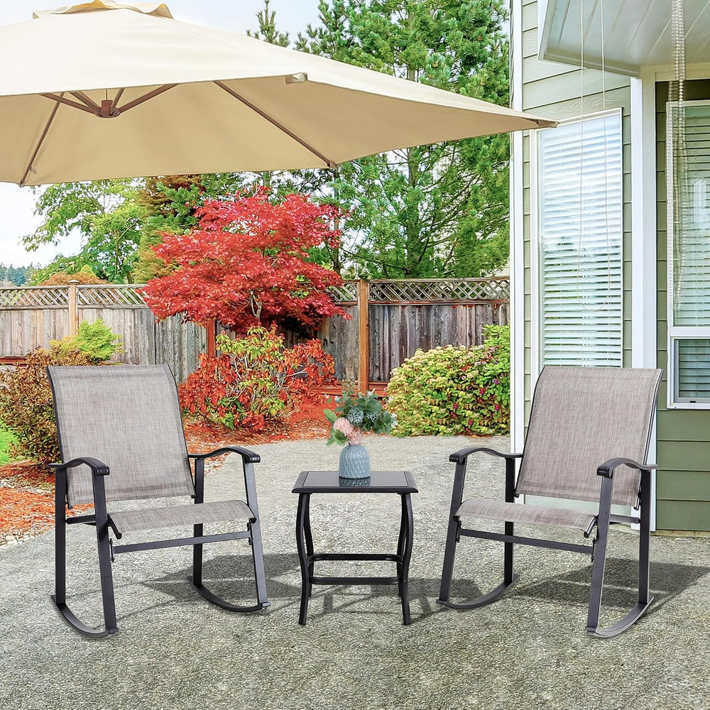 Vongrasig 3 Piece Outdoor Rocking Bistro Set, Textilene Fabric Small Patio Fu...