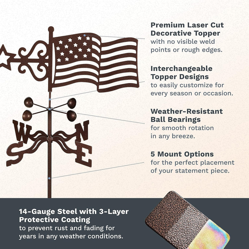 EZ Vane Steel USA Flag Weathervane with Wind Cups — Roof Mount