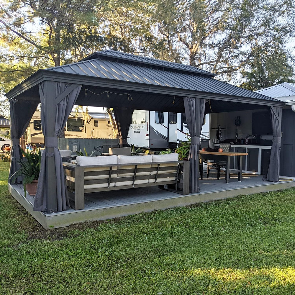 PURPLE LEAF Patio Gazebo 12' X 20' Built-in Drainage System, Gray
