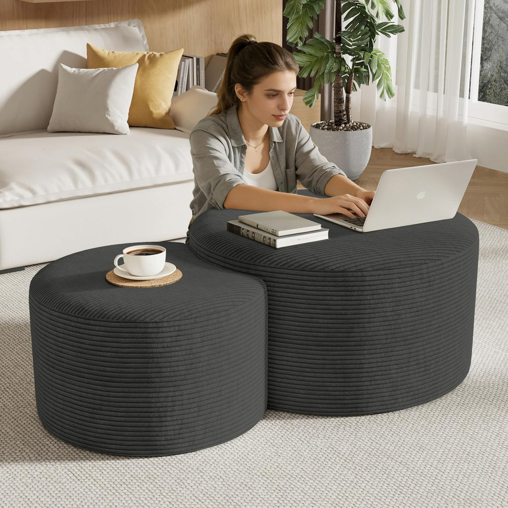 Round Nesting Coffee Table Set of 2,Upholstered Foam Ottoman Footrest Side Ta...
