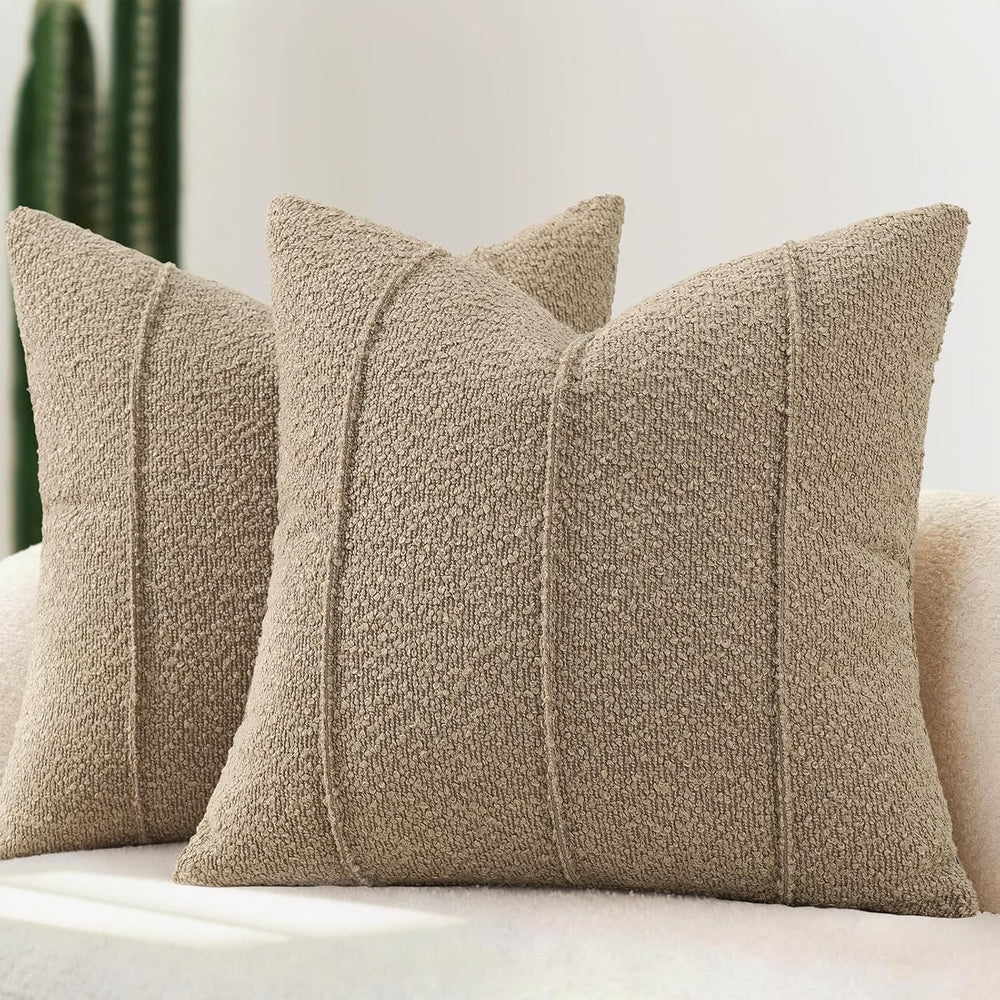YCOLL Textured Boucle Throw Pillow Covers 24x24 Pack of 2 - Soft Neutral Stri...