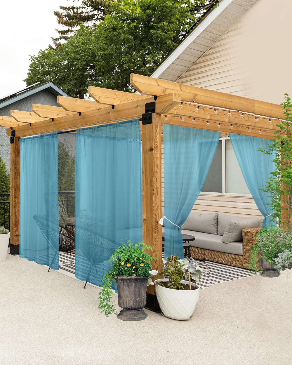 Rod Pocket Outdoor Sheer Curtains for Patio Waterproof 6 Pcs 54x95 In Aqua