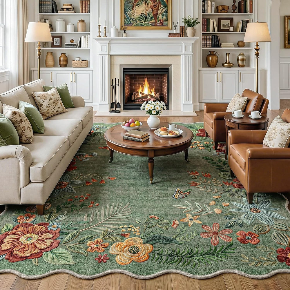 FMFUNCTEX 8x10 Washable Sage Green Boho Scalloped Area Rug for Living Room