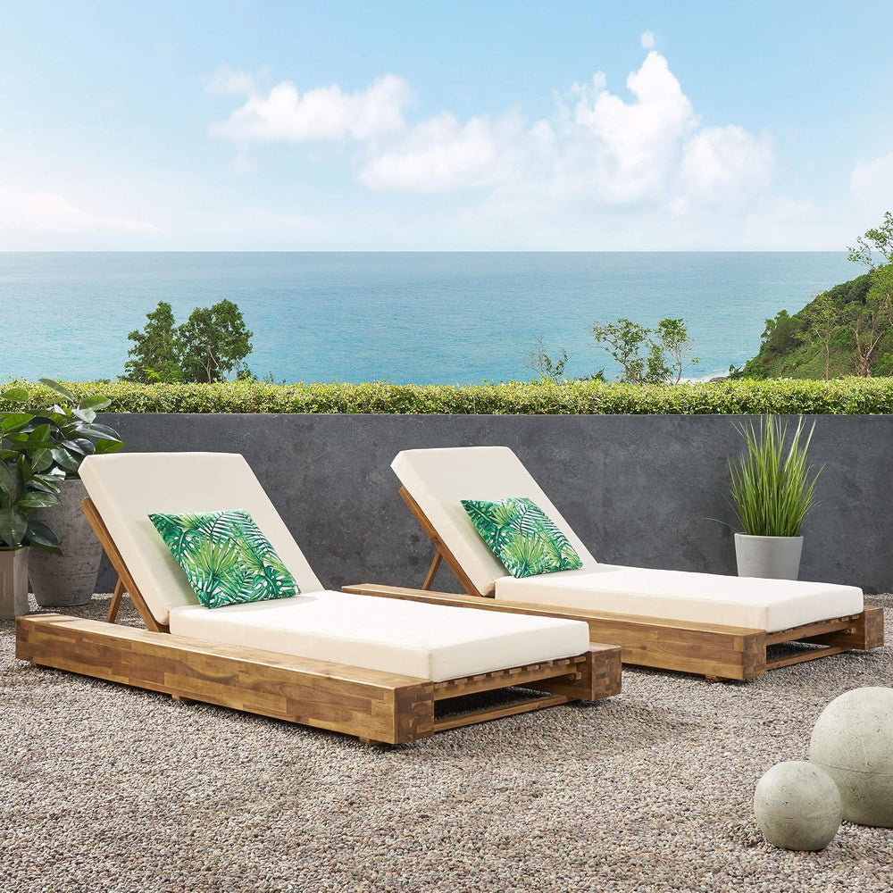 GDFStudio Outdoor Acacia Wood Chaise Lounge and Cushion Sets (Set of 2), and ...