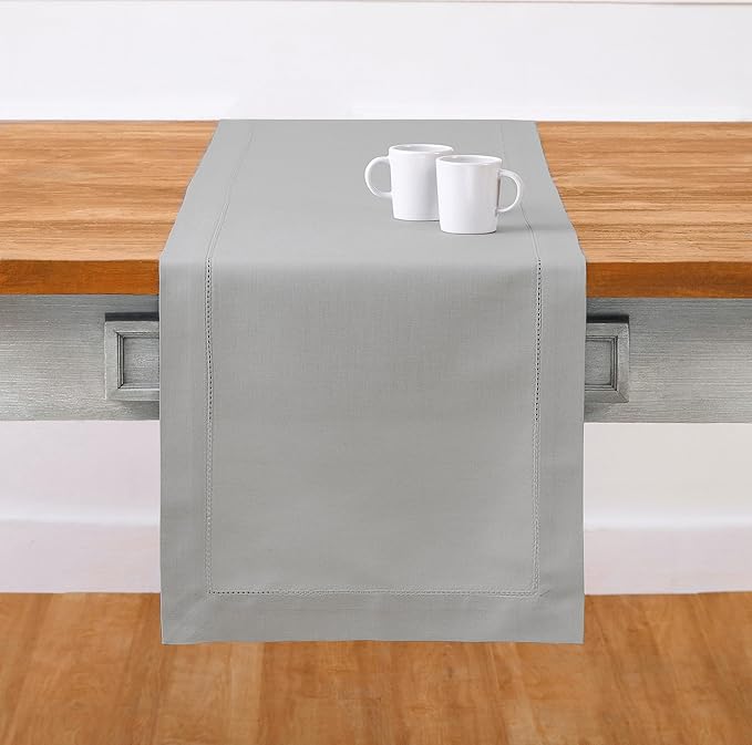 Solino Home Light Grey Table Runner 60 Inches - Cotton Linen Hemstitch Coffee...